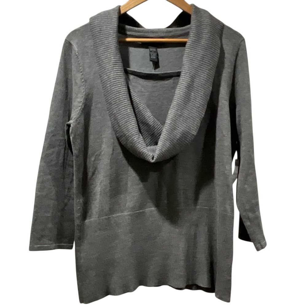 Cable & Gauge Womens Sweater Large Heather Grey Cowl Neck 3/4 Sleeve Knit Career